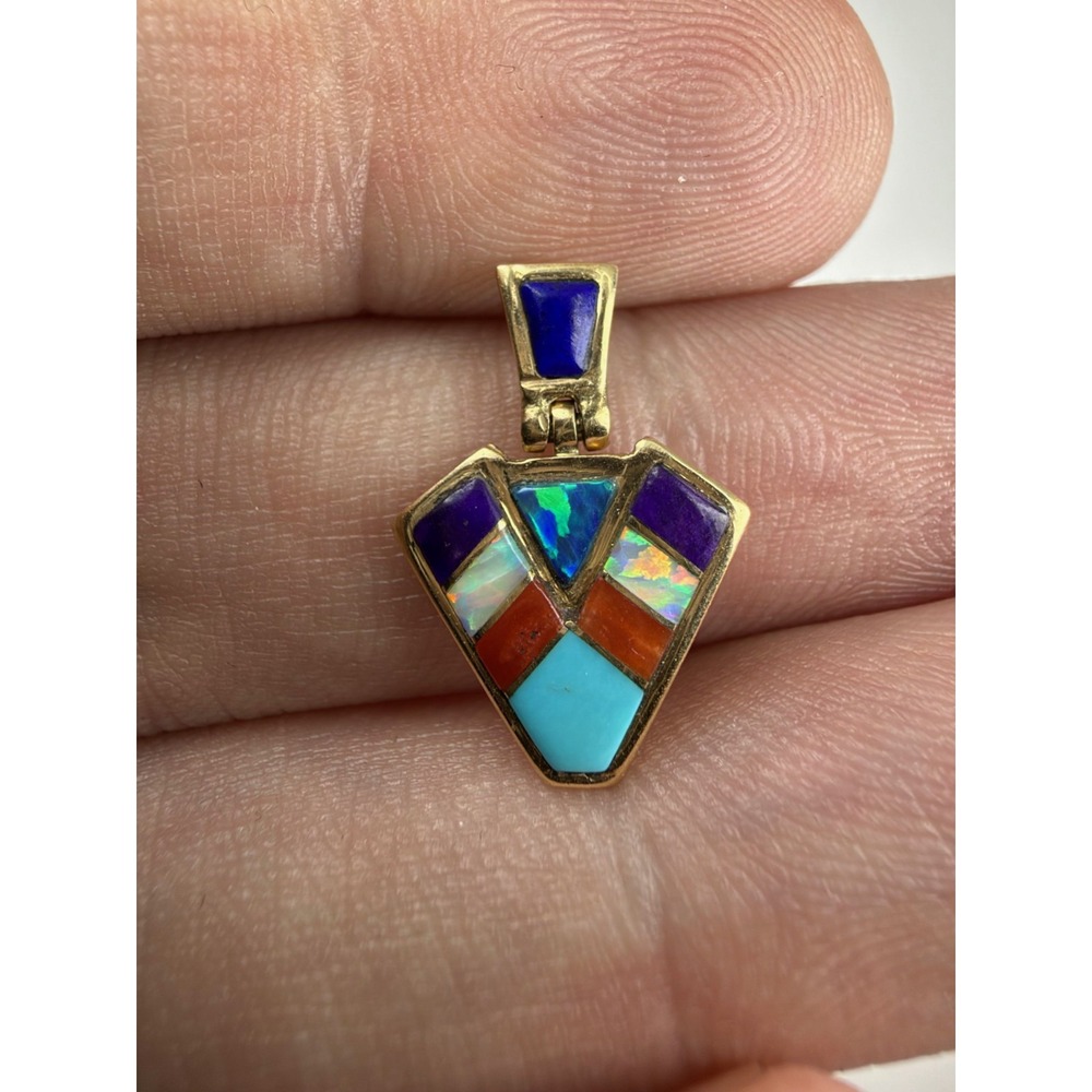 Vintage 14k Solid Gold Native Indian Inlay Sugilite Turquoise Opal Coral Pendant